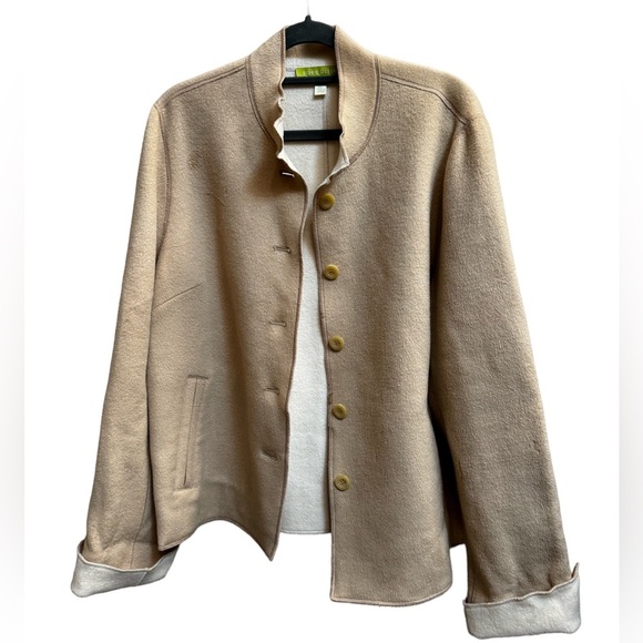VINTAGE WOOL SIGRID OLSEN Women's Mock Turtleneck Jacket Tan Button Pockets SZ L - Picture 1 of 17